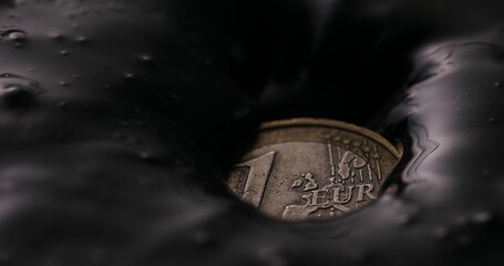 Euro Coin Submerged in Oil. Close-up, shallow dof.