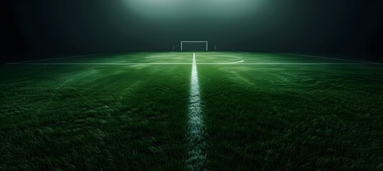 Green Soccer Field with White Center Line, Cinematic Dark Background