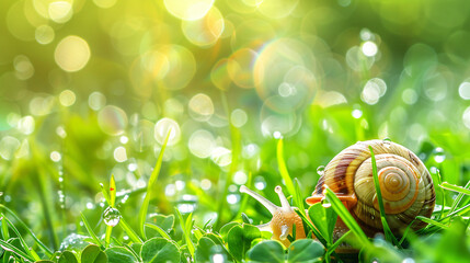 Beautiful lovely snail in grass with morning dew macro - Powered by Adobe