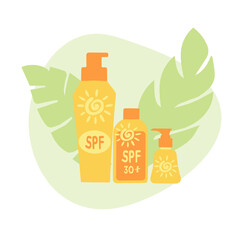 Sunscreen with palm leaf and abstract shape. SPF protection and sun safety concept.