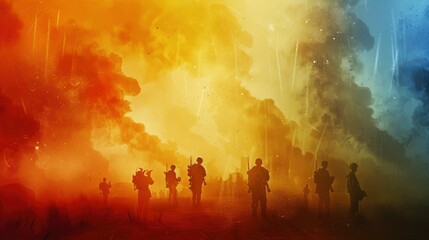  July 4th, US military, dreamy fantasy scenes painted with vivid colors, contemporary digital photo manipulation, UHD.