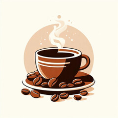 Obraz premium Illustration of a cup of aromatic coffee with coffee beans in beige and brown colors
