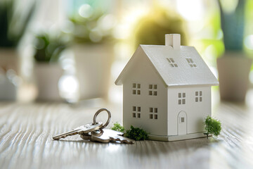 White miniature house model and house key on table in new apartment Mortgage, home loan approval and insurance concept 