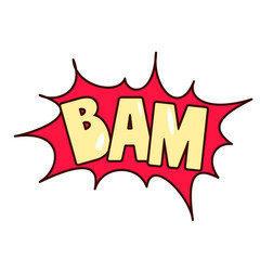 Groovy cartoon sticker with Bam text and red cloud of explosion. Funny retro hippie balloon font of letters in Bam word, surprise explosion sound, cartoon label of 70s 80s style vector illustration