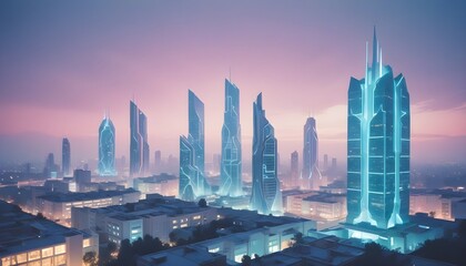 "Create an AI-inspired cityscape blending futuristic architecture with natural elements."