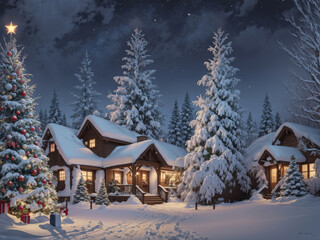 Fototapeta premium Christmas Tree Illuminating a Winter Night in a Snowy Landscape with a Village