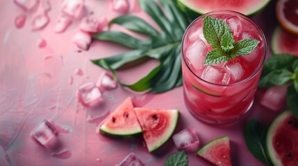 watermelon cocktail garnished with mint leaves and slices, tropical drink concept background with space for text