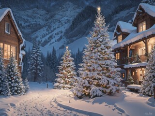 Christmas Tree Illuminating a Winter Night in a Snowy Landscape with a Village