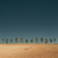 a photorealistic shot on the Australian desert with sand and no plants in the foreground, and a line of low, densly packed trees on the horizon