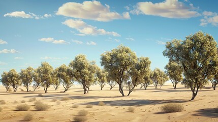 a photorealistic shot on the Australian desert with sand and no plants in the foreground, and a line of low, densly packed trees on the horizon