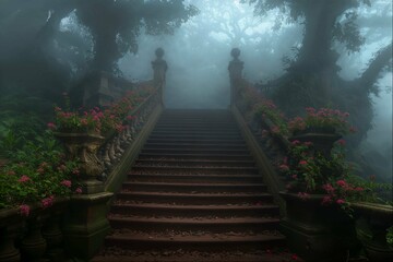 Overgrown staircase in foggy forest setting
