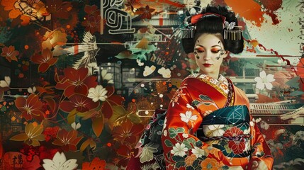 Fototapeta premium Manifest Destiny, Colonial Times, cyberpunk palette, traditional Japanese kimono patterns, HD