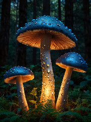 a group of mushrooms in the forest with a forest background