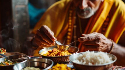 An elderly monk in a vibrant yellow robe meticulously adds garnish to a traditional Indian dish in a colorful kitchen setting.