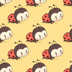 Seamless pattern with cute Ladybug on yellow background. Vector illustration. Cartoon insect kawaii character. Kids collection.