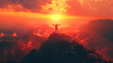 Embracing the Energy of New Beginnings A Silhouetted Figure Stands Tall on a Mountaintop at Daybreak Arms Outstretched to Greet the Dawning Day and