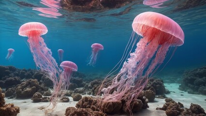 Beautiful pink blue neon Jellyfish swim under water, sea concept