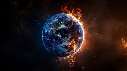Obraz premium a planet with a fire burning on it. The fire is orange and red and is surrounded by a dark background. Concept of danger and destruction, as the fire threatens to engulf the planet