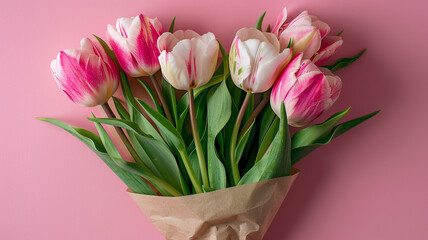 Fresh flower composition bouquet of bi color tulips pale pink and white gradient background International Womens day mothers day greeting concept. Fresh flower composition, bouquet of bi-color tulips,