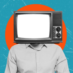 Business man with retro TV instead of head on a blue background, surrealism, modern art, collage.