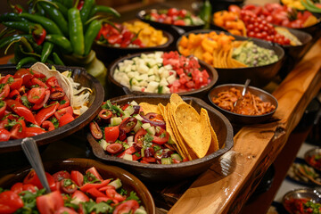 Wide selection of Mexican food on the buffet including tacos and vegetables 