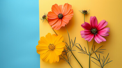 Beautiful spring flowers on paper background. Colorful handmade paper flowers on a Colorful background.