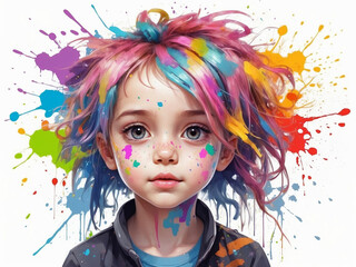 Fototapeta premium a girl with colorful hair has colorful paint on her face