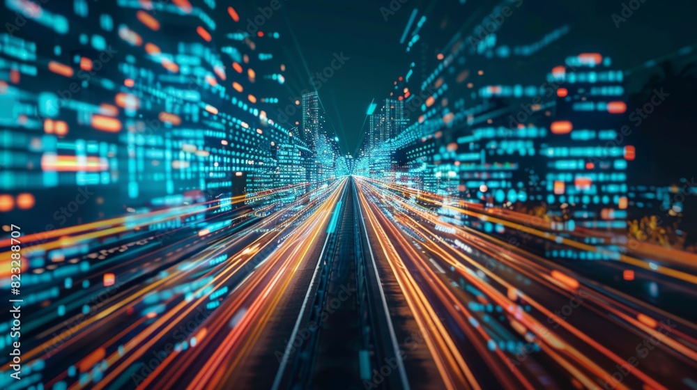 Leinwandbilder Digital data flow on road with motion blur to create vision of fast speed transfer . Concept of future digital transformation ,