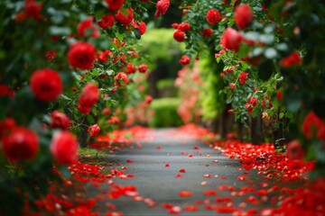 Idyllic path lined with vibrant red roses