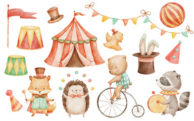 Circus cute animals, watercolor hand drawn illustrations set for nursery and kids. Woodland baby animals - elephant, bear and bunny in magic hat