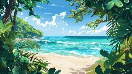 Tropical Beach With Crystal Clear Turquoise Water, Lush Greenery Framing The Scene, Cartoon ,Flat color