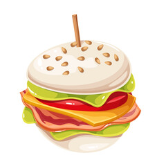 Bun with cheese and ham, cartoon breakfast or lunch food. White bun cut in half on wooden stick, bread with sesame seeds, slices of meat, tomato and lettuce. Cartoon tasty snack vector illustration