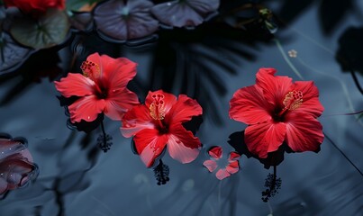 Obraz premium Red hibiscus Flowers Floating in Water, Generative AI