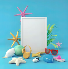 Summer holiday background with surfboard coconut palm tree and flowers