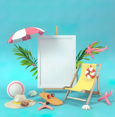 Summer holiday background with surfboard coconut palm tree and flowers