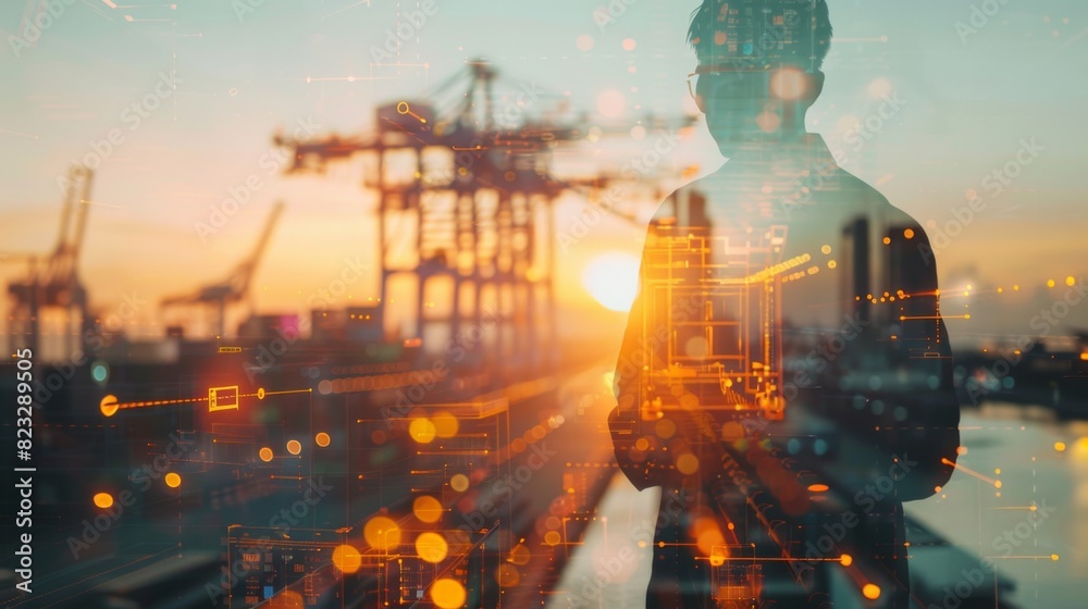 Aufkleber double exposure businessman standing with global business logistics system connection technology int
