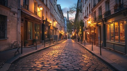 Cobblestone streets shine at dawn, with iconic architecture creating a serene, captivating scene.