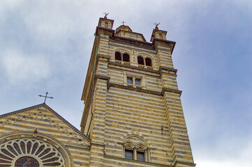 Details at facade of Genoa Cathedral or Metropolitan Cathedral of Saint Lawrence in Genoa, Italy.