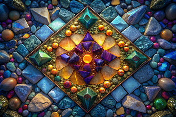 Create a stunning mosaic masterpiece with square shaped pebbles and glass pieces, using a mix of vibrant and muted colors for a unique and eye-catching effect