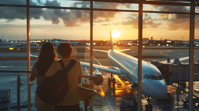 Backside of happy and excited teenage travelers are looking at a parked airplane in an observation deck at airport at dusk.