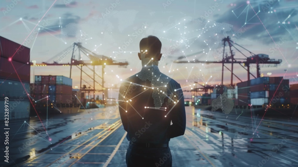Poster double exposure businessman standing with global business logistics system connection technology int