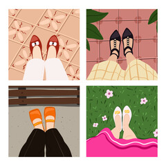 Travel blogger legs selfie. Feet in different places like home, beach, street, coworking, cafe, bathroom. Top view. Vector illustration EPS10