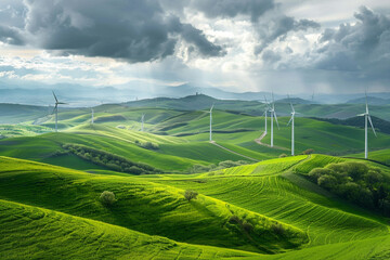 Fototapeta premium Wind Turbines Crown the Rolling Hills under a Cloudy Sky 