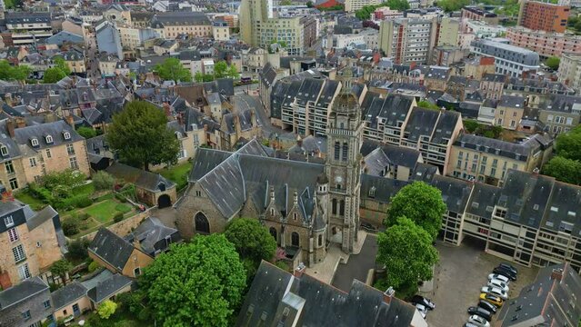 Saint-Benoit church, Le Mans in France. Aerial drone circling