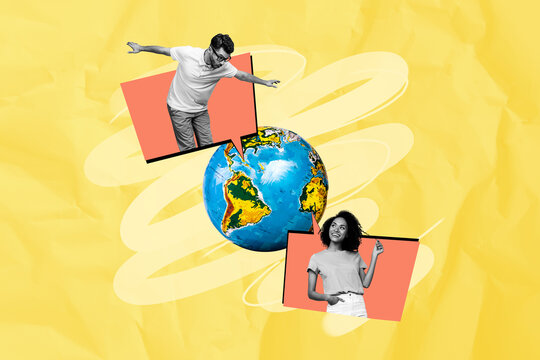 Artwork collage illustration of relationships on distance young couple communicate each other over globe isolated over beige background - Powered by Adobe