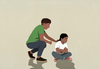 Father comforting angry daughter sitting with arms crossed
