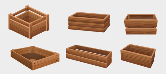 Cartoon wooden containers. Delivery containers, empty wood boxes and parcels, packed shipping crates. Boxes with packages, wooden crates with cargo, warehouse storage packaging concept.