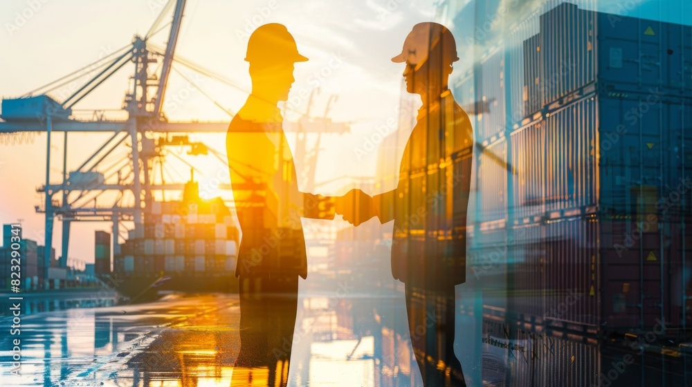 Poster double exposure of businessman and engineer wear a hardhat standing cargo at the container yard and 