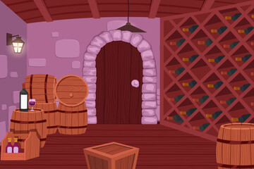 Wine cellar interior. Alcohol shelving with wine champagne barrel in castle basement. Wine shop, cellar interior with wooden barrels, shelves with glass bottles