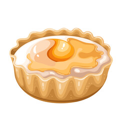 Baked egg in shortcrust pastry, cartoon rustic breakfast food. Open delicious savory pie of shortbread dough with runny egg yolk and cheese. Appetizer mascot, cartoon gourmet dish vector illustration